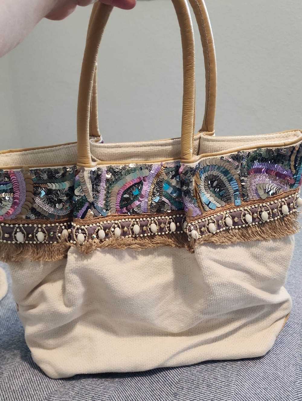 Anthropologie Miss Albright Embellished Cream Tote Bag with Sequin Trim